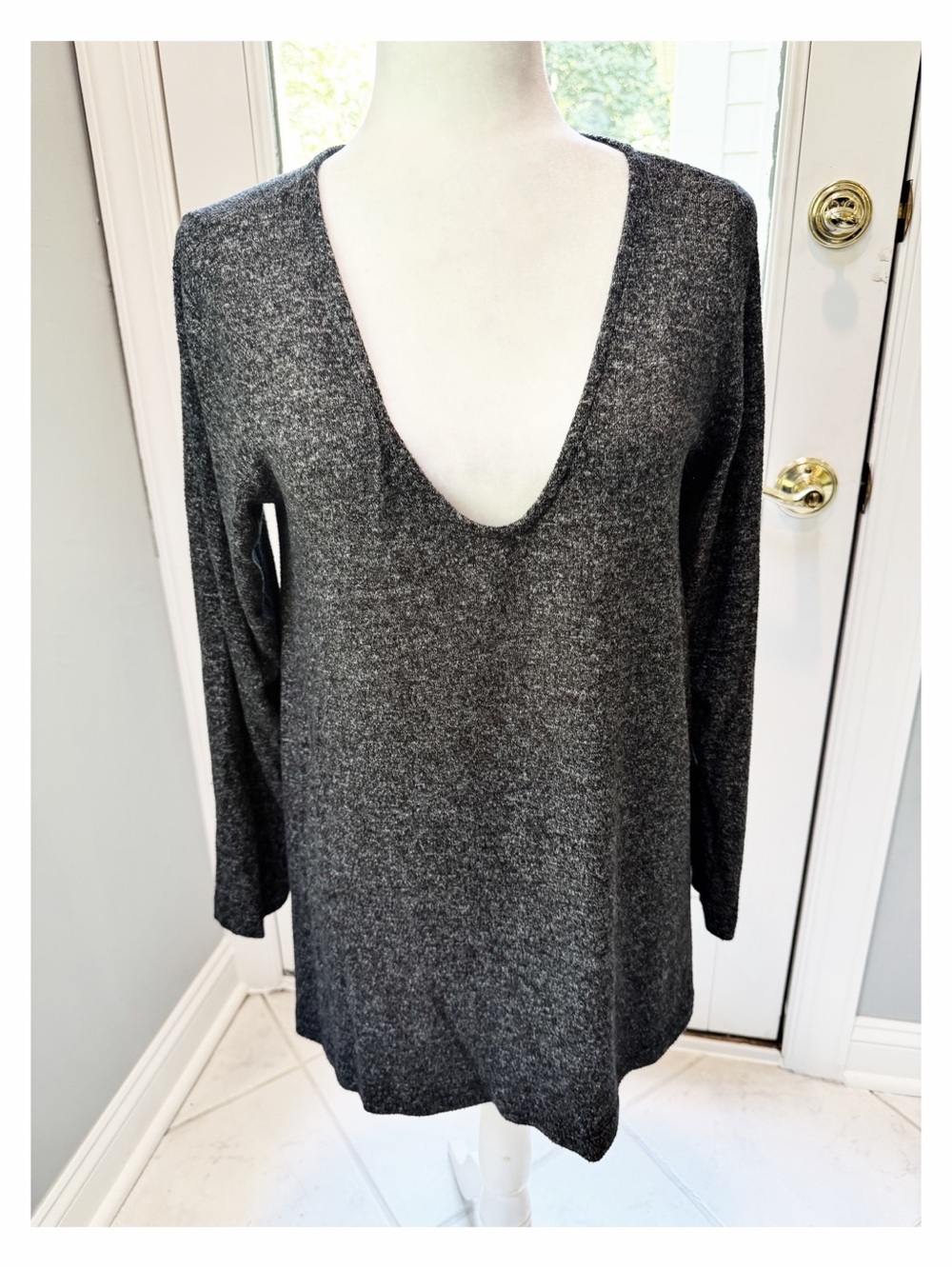 Nally & Millie Deep V-Neck Sweater with back Gathering - Charcoal grey